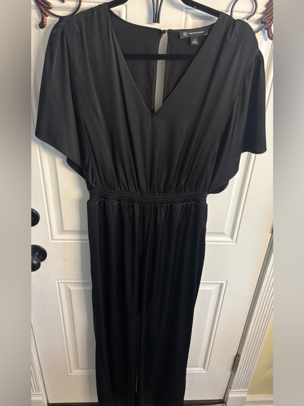 INC Black V-Neck Smocked Waist Butterfly Sleeve Jumpsuit